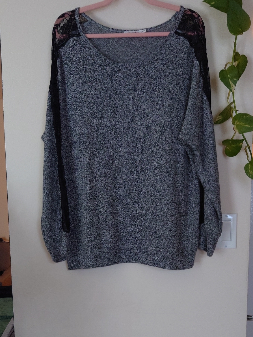 Revolution Gray Knit Top with Black Fleck, Lace Detail Shoulders/Arms